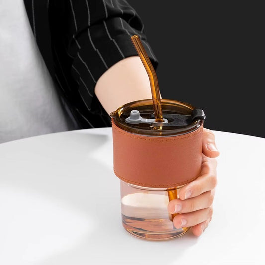Glass Reusable Sipper Bottle with Leather Sleeve Glass Coffee Mug with Silicone Straw and Leakproof Lid Tumbler for Coffee, Tea, Milk Beverages Mug for Home, Office, Travel (400ml)